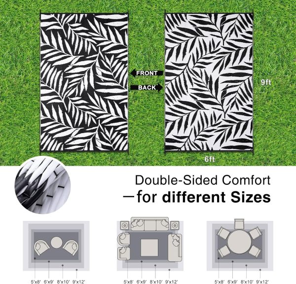 RUGSREAL Outdoor Rug 6x9 ft Waterproof Reversible Leaf Mat, Black & White