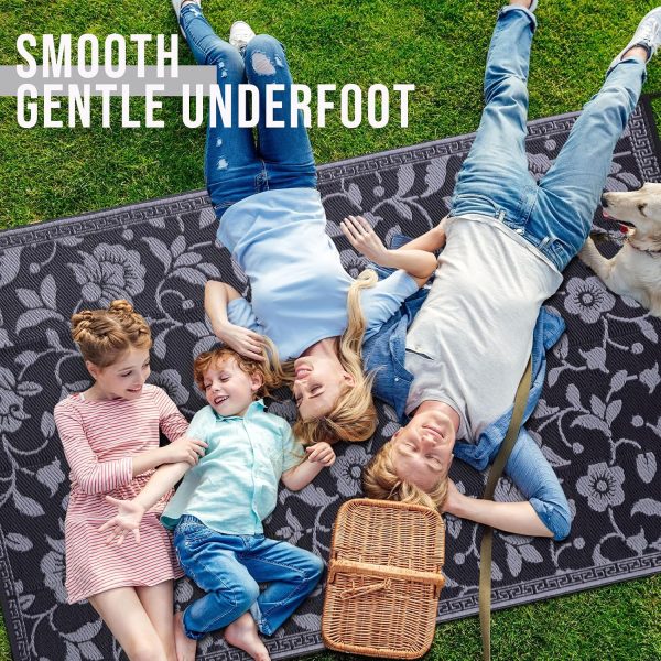RUGSREAL Outdoor Rug 8x10 ft Waterproof Reversible Floral Mat, Black & Grey