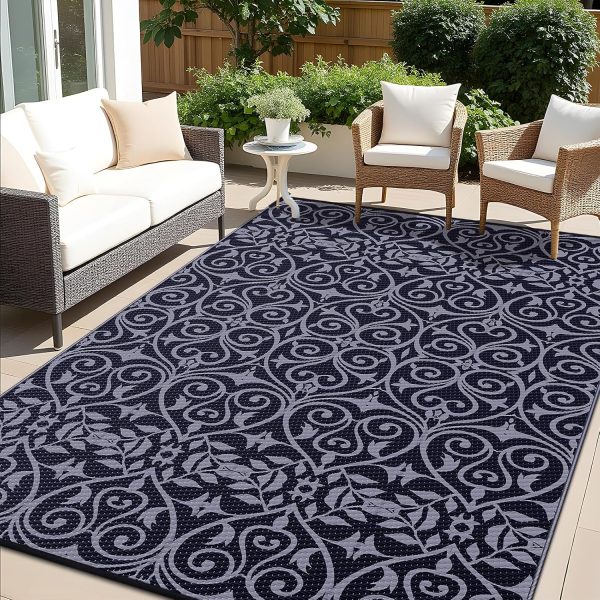 RUGSREAL Outdoor Rug 8x10 ft Waterproof Reversible Floral Mat, Black & Grey