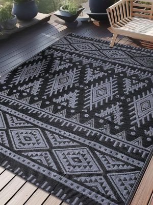 RUGSREAL Outdoor Rug 5x8 ft Waterproof Reversible Boho Mat, Black & Grey