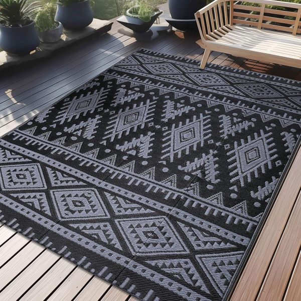 RUGSREAL Outdoor Rug 5x8 ft Waterproof Reversible Boho Mat, Black & Grey