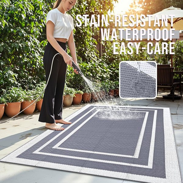 RUGSREAL Outdoor Rug 5x8 ft Waterproof Reversible Mat, Grey & White