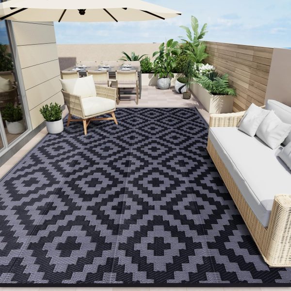 RUGSREAL Outdoor Rug 8x10 ft Waterproof Reversible Mat, Black & Grey