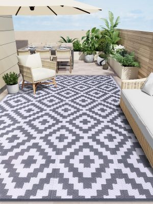 RUGSREAL Outdoor Rug 8x10 ft Waterproof Reversible Mat, Grey & White
