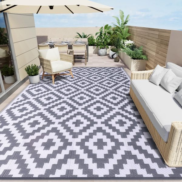 RUGSREAL Outdoor Rug 8x10 ft Waterproof Reversible Mat, Grey & White