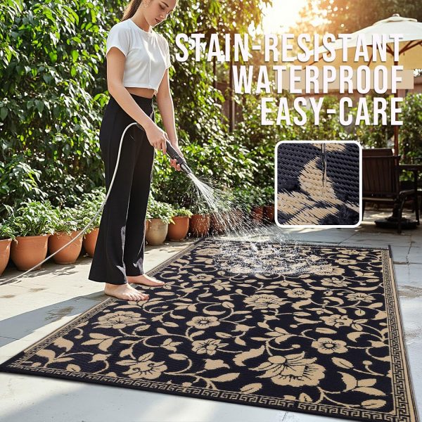 RUGSREAL Outdoor Rug 6x9 ft Waterproof Reversible Floral Mat, Black & Beige