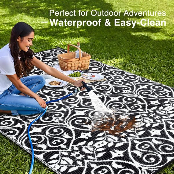 RUGSREAL Outdoor Rug 6x9 ft Waterproof Reversible Floral Mat, Black & White