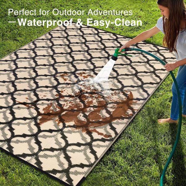 RUGSREAL Outdoor Rug 9x12 ft Waterproof Reversible Braided Mat, Black & Beige