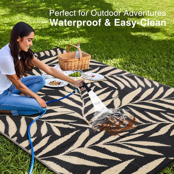 RUGSREAL Outdoor Rug 9x12 ft Waterproof Reversible Leaf Mat, Black & Beige