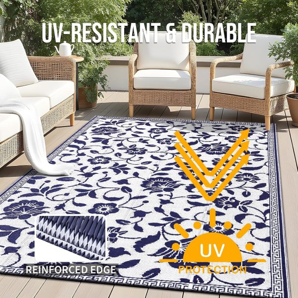 RUGSREAL Outdoor Rug 5x8 ft Waterproof Reversible Floral Mat, Navy & White