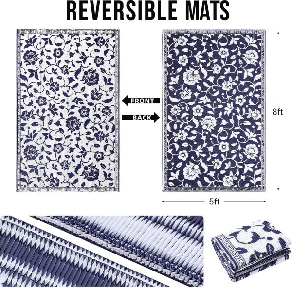 RUGSREAL Outdoor Rug 5x8 ft Waterproof Reversible Floral Mat, Navy & White