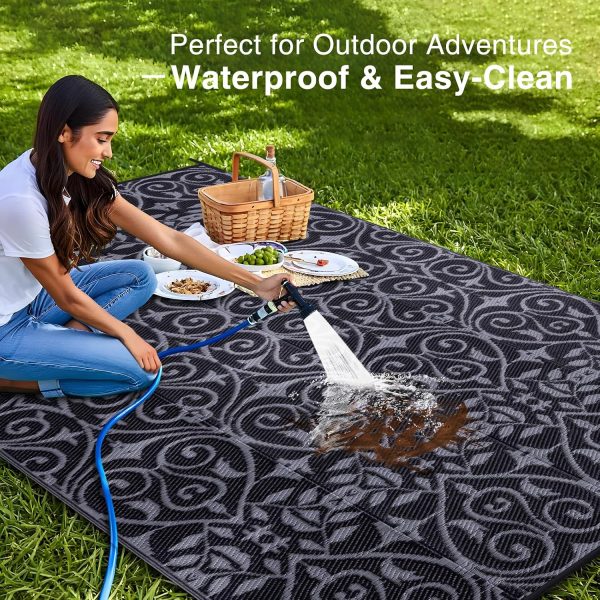 RUGSREAL Outdoor Rug 8x10 ft Waterproof Reversible Floral Mat, Black & Grey