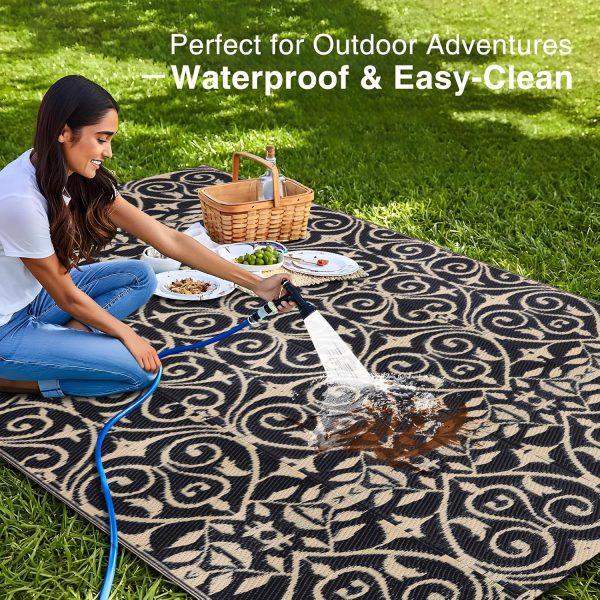 RUGSREAL Outdoor Rug 5x8 ft Waterproof Reversible Floral Mat, Black & Beige
