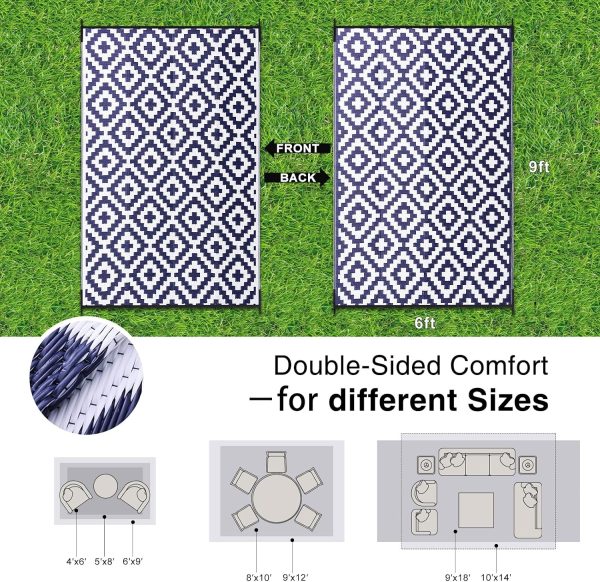 RUGSREAL Outdoor Rug 6x9 ft Waterproof Reversible Mat, Navy & White