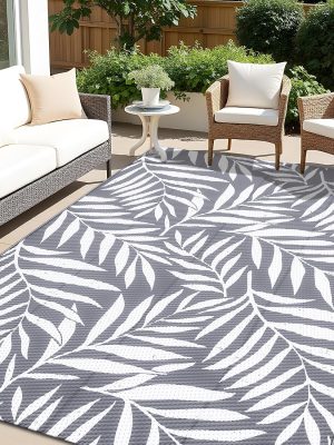 91vE5UYrIL._AC_SL1500_.jpg RUGSREAL Outdoor Rug 5x8 ft Waterproof Reversible Leaf Mat, Grey & White