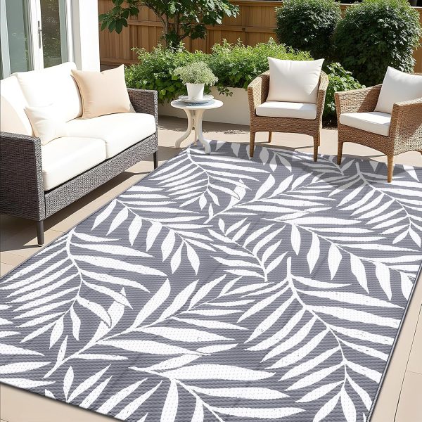 RUGSREAL Outdoor Rug 5x8 ft Waterproof Reversible Leaf Mat, Grey & White