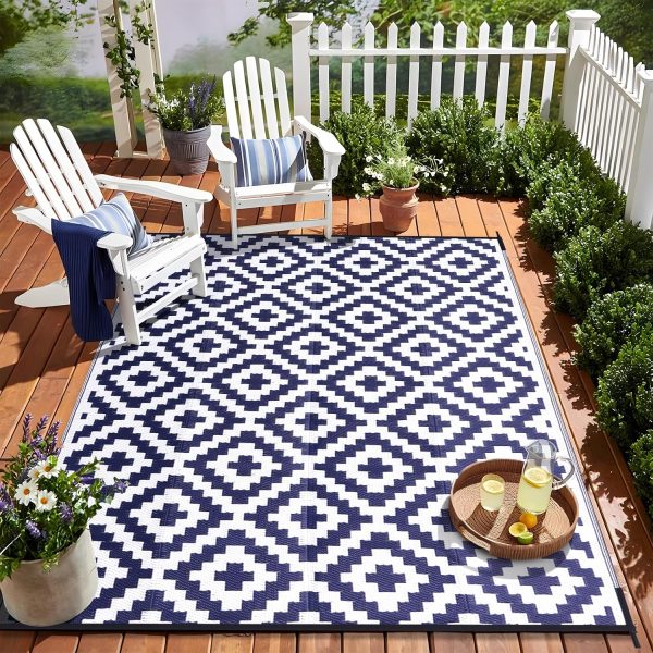 RUGSREAL Outdoor Rug 6x9 ft Waterproof Reversible Mat, Navy & White