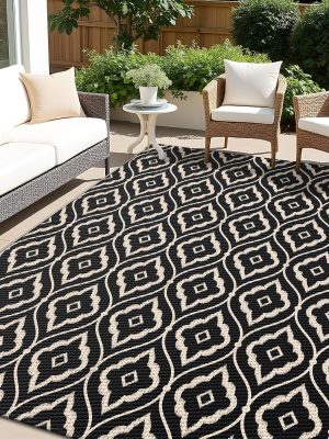 RUGSREAL Outdoor Rug 5x8 ft Waterproof Reversible Floral Mat, Black & Beige