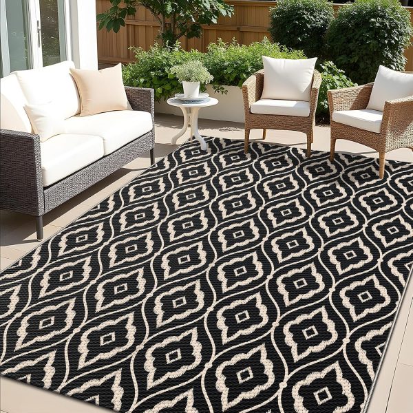 RUGSREAL Outdoor Rug 5x8 ft Waterproof Reversible Floral Mat, Black & Beige