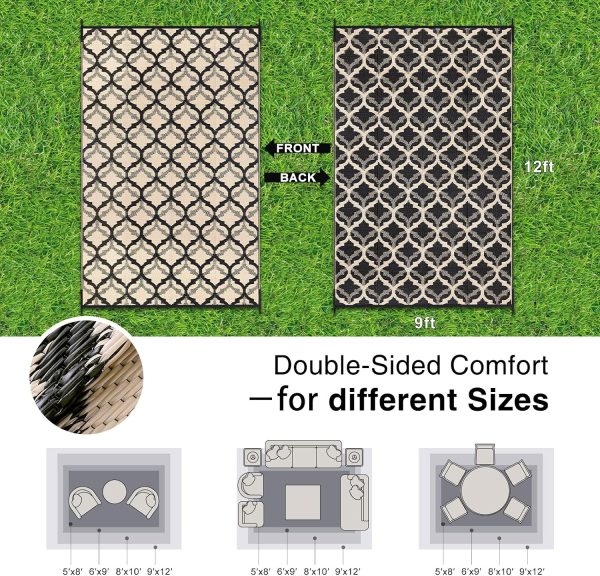 RUGSREAL Outdoor Rug 9x12 ft Waterproof Reversible Braided Mat, Black & Beige