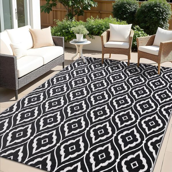 RUGSREAL Outdoor Rug 6x9 ft Waterproof Reversible Braided Mat, Black & White