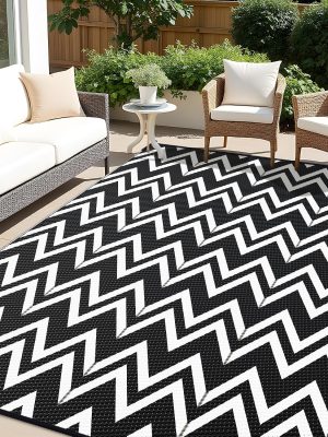 RUGSREAL Outdoor Rug 8x10 ft Waterproof Reversible Chevron Mat, Black & White
