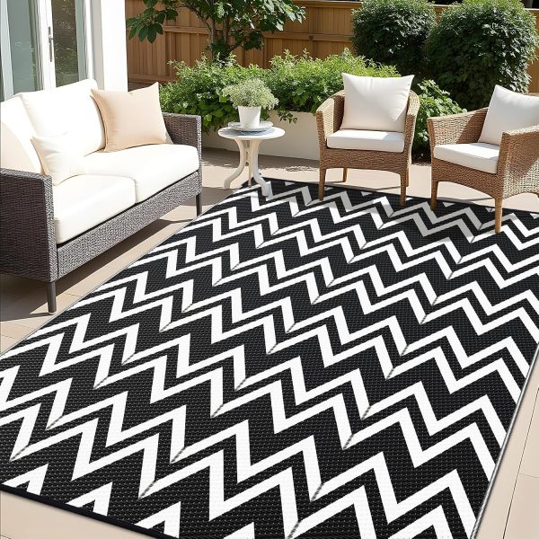 RUGSREAL Outdoor Rug 6x9 ft Waterproof Reversible Chevron Mat, Black & White