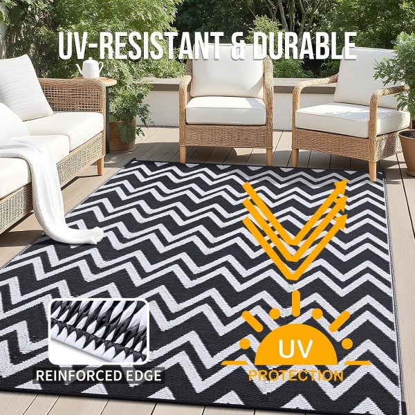 RUGSREAL Outdoor Rug 6x9 ft Waterproof Reversible Chevron Mat, Black & White