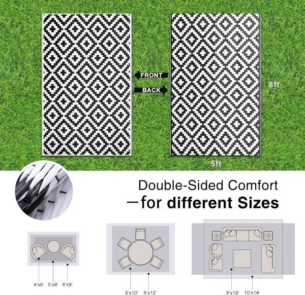 RUGSREAL Outdoor Rug 5x8 ft Waterproof Reversible Mat, Black & White