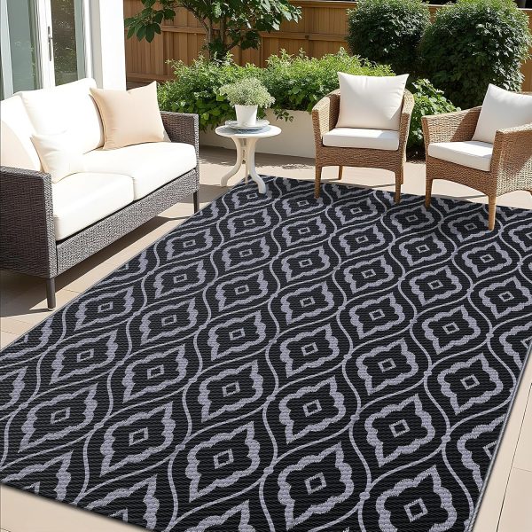 RUGSREAL Outdoor Rug 8x10 ft Waterproof Reversible Braided Mat, Black & Grey