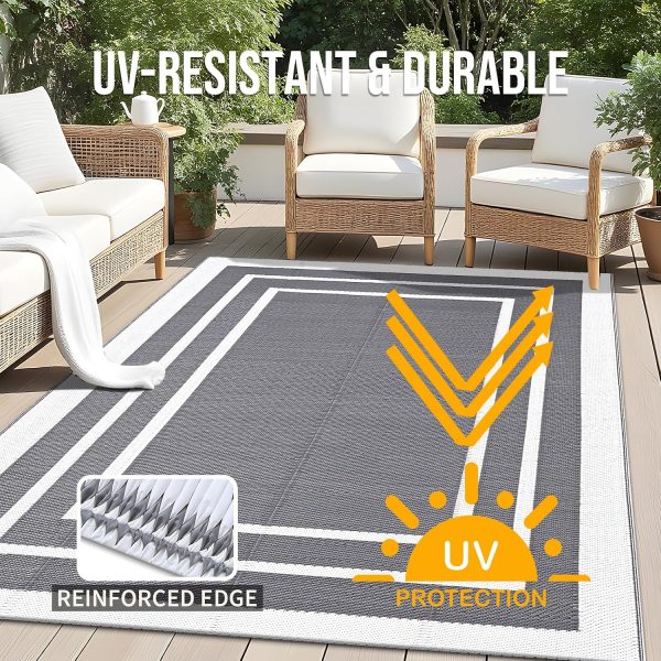 RUGSREAL Outdoor Rug 5x8 ft Waterproof Reversible Mat, Grey & White