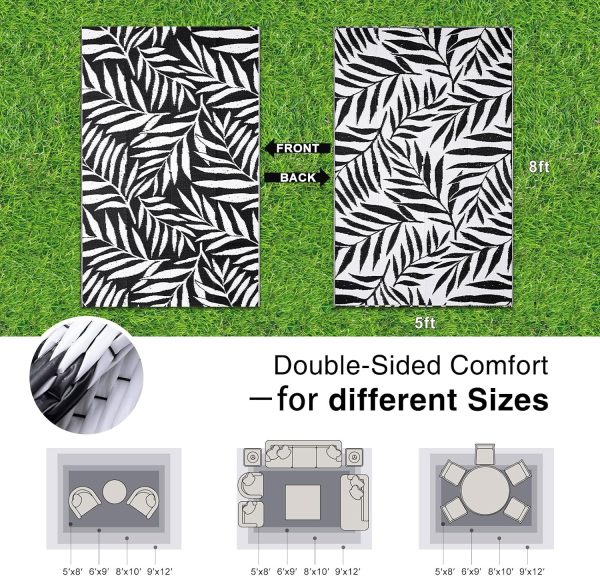 RUGSREAL Outdoor Rug 5x8 ft Waterproof Reversible Leaf Mat, Black & White