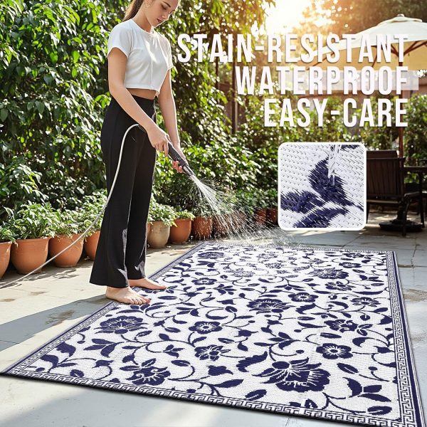 RUGSREAL Outdoor Rug 5x8 ft Waterproof Reversible Floral Mat, Navy & White