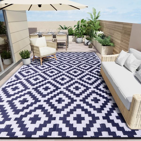 RUGSREAL Outdoor Rug 8x10 ft Waterproof Reversible Mat, Navy & White
